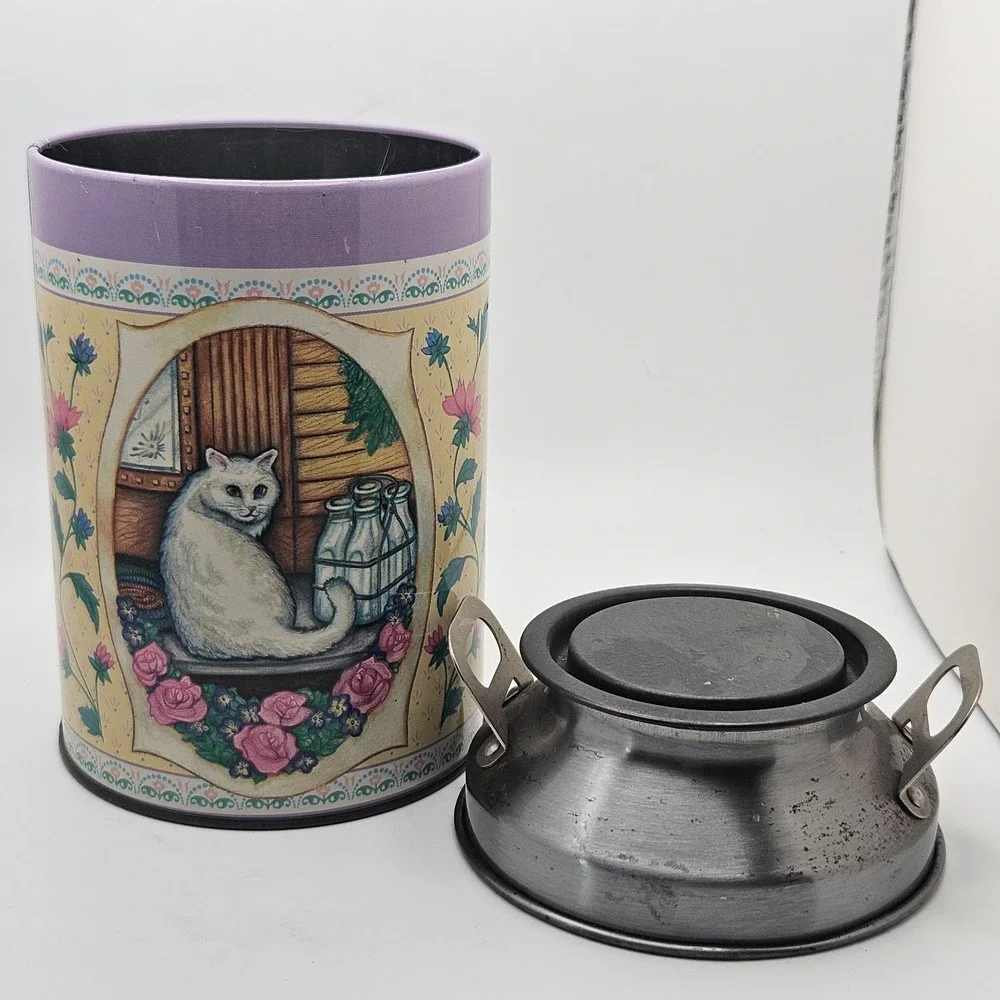 Vintage‎ Cat Milk Can Cookie Jar Tin Canister Cottagecore Farmhouse Kitty Decor